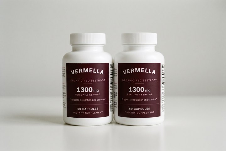 Two bottles of Vermella Organic Red Beetroot, 1,300 mg per daily serving, 60 capsules.