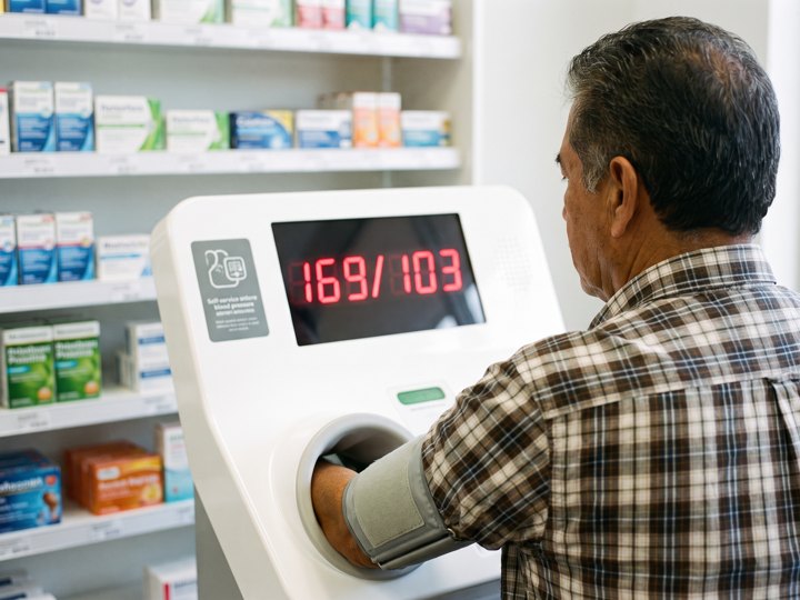 Un señor mayor de camisa a cuadros sentado en la máquina gratis de presión de una farmacia.