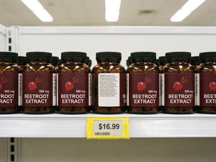 Un estante de farmacia con cápsulas genéricas de betabel de 500 mg y una etiqueta de $16.99.
